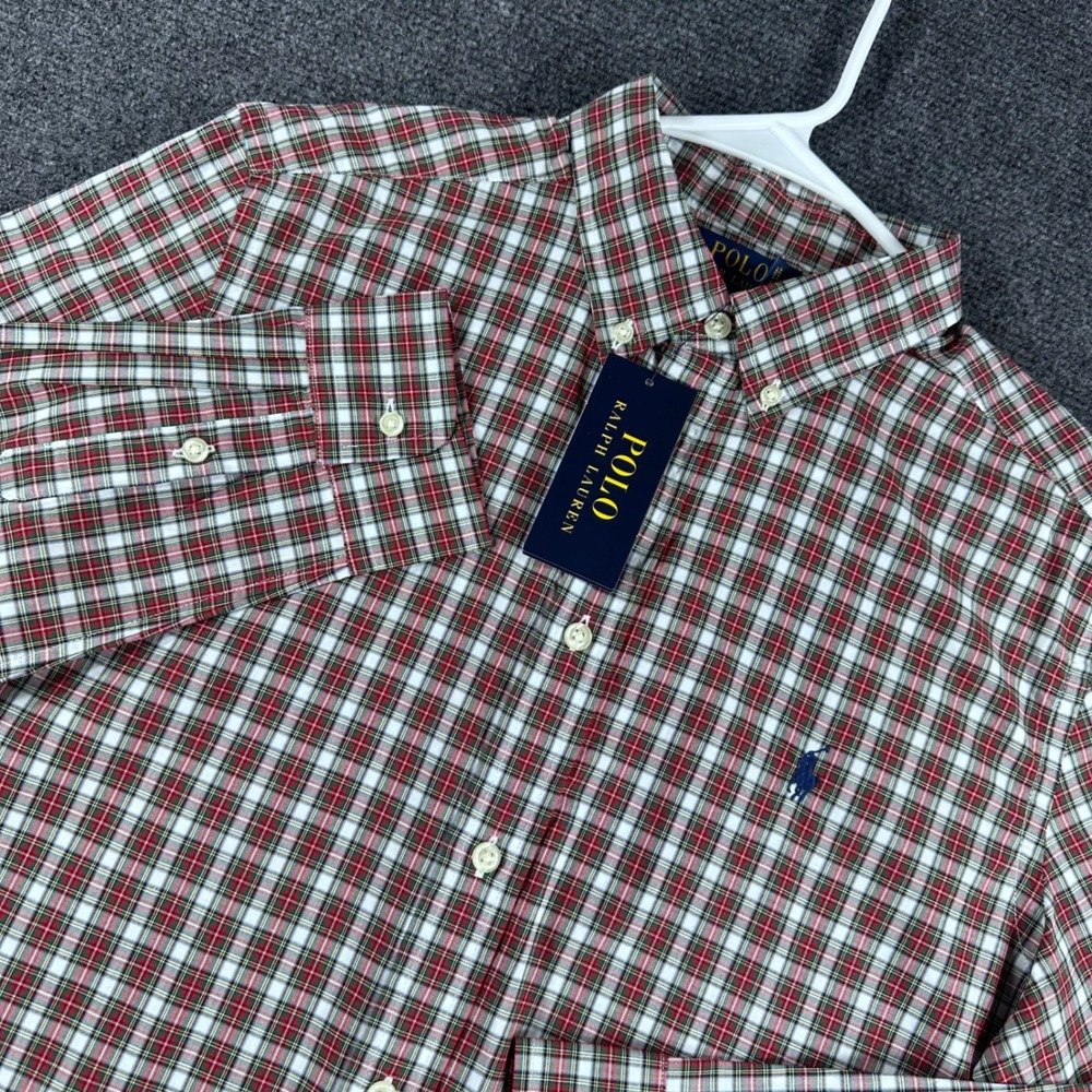 Polo Ralph Lauren Button Down Boys XL 18-20 Plaid Holiday Natural Stretch NWT